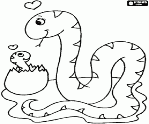 Female snake with its baby just after breaking the eggshell coloring page