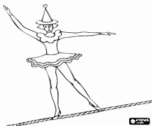 Fil de f�riste or funambule with a girl dressed as a ballerina and with a cone hat walking on the rope coloring page
