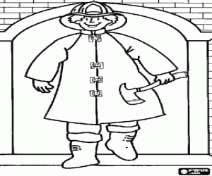 Firefighter leaving a building with the axe or ax in hand coloring page