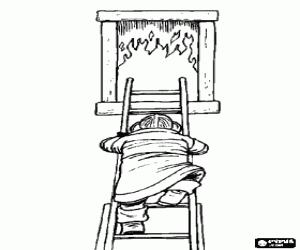 Firefighter or fireman climbing an extension ladder to enter through the window in a building where is a fire coloring page