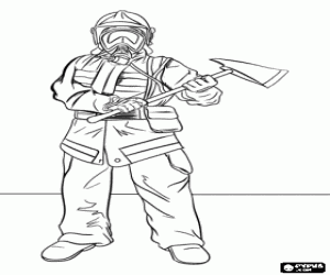 Firefighter with a helmet, mask and ax ready for action coloring page