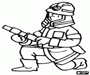 Firefighter with a knee on the floor and hose ready coloring page