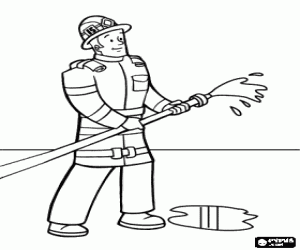 Firefighter with hose to put out a fire coloring page