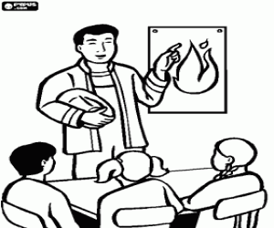 Fireman explaining how to act in case of fire in a school coloring page