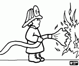 Fireman or firefighter in action with the fire hose extinguishing a fire coloring page