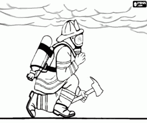 Fireman with mask, oxygen tank and ax walking crouched under the thick smoke from a fire coloring page