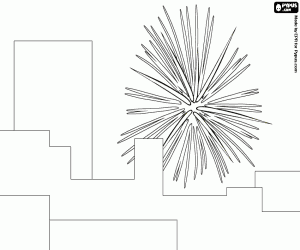 Fireworks in the city during the celebration for the New Year coloring page