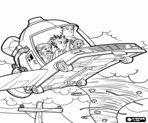 Flint and his friends watching the food tornado from his flying Car  coloring page