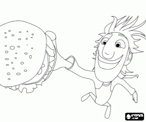 Flint catching a hamburger that fell from heaven coloring page