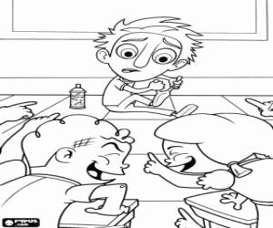 Flint schoolboy receiving ridicule from his classmates by the disastrous results of his inventions coloring page