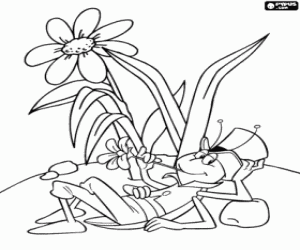 Flip, the grasshopper, resting quietly with a flower in the mouth coloring page
