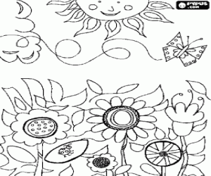Flowers in the field with a butterfly flying and the sun on the top coloring page