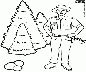 Forest agent or park ranger patrolling the mountain coloring page