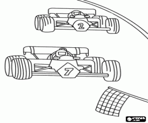 Formula 1 racing cars reaching the finish line with the checkered flag waving coloring page