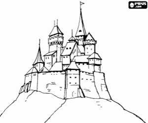 Fortified building or castle on top of a mountain coloring page