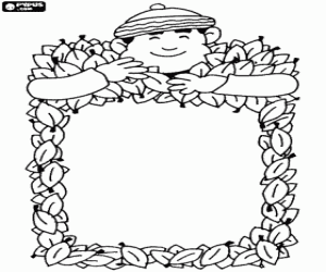 Frame for a drawing made with leaves and a boy with a cap who wants to pick them with the hands coloring page