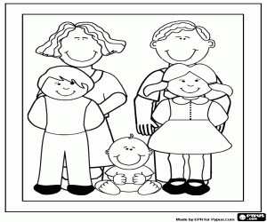 Framed portrait of a family, parents and three children coloring page