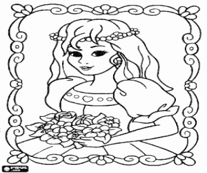 Framed portrait of the princess with a crown and a bouquet of flowers in her hands coloring page