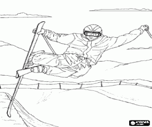 Freestyle skier making an acrobatic jump, while practicing the mogul skiing, a type of freestyle skiing coloring page