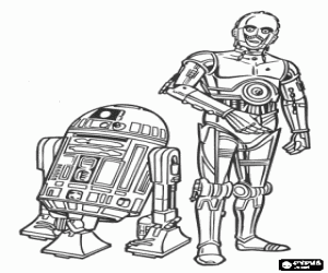 Friends C3PO, a protocol droid, and R2-D2, an Astromech droid coloring page
