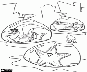Friends of Nemo, Gill, Peach and Bloat, in bags full of water and finally free from the fishbowl coloring page
