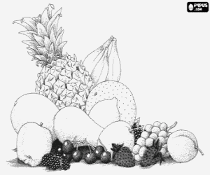 Fruit varied: pineapple, banana, melon, apple, pear, lemon, grapes, cherries, strawberries, peach and raspberries coloring page