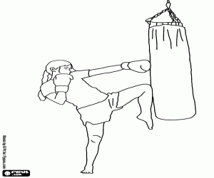 Full contact or kickboxing fighter training hits on the sack coloring page