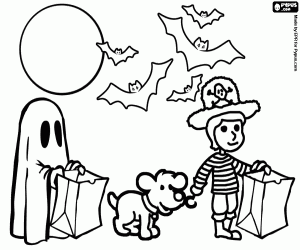 Full moon night and bat, a pirate, a ghost and a dog out to do the trick and treated with the pumpkins coloring page