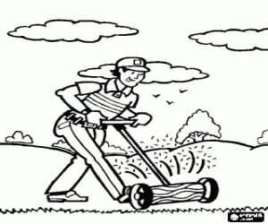 Gardener mowing the lawn or the grass of a golf course with the mower coloring page