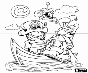 Garfield and his friends Odie and Pooky dressed as pirates in a small boat coloring page