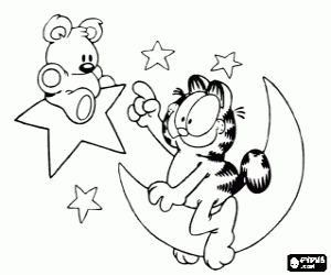 Garfield and Pooky, his teddy bear, at the moon and the stars coloring page