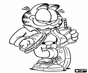 Garfield eating a sandwich and drinking a soda with cane coloring page