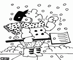 Gathering snow with a snow shovel while it continues snowing coloring page