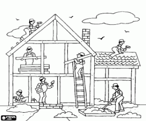 General view of a house under construction with different operators working coloring page