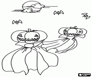 Ghost with cloak and pumpkin head flying with bats on the Halloween night coloring page