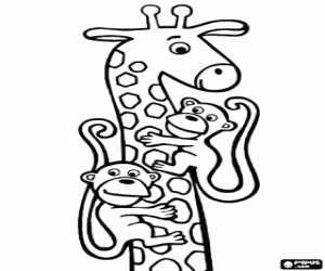 Giraffe playing with two monkeys in its long neck coloring page