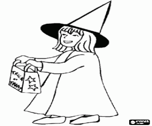 Girl dressed as witch doing Trick or Treat on Halloween coloring page
