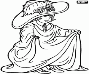 Girl dressed up as a lady with a dress and a hat coloring page