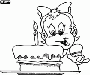 Girl happy with her birthday cake with lit candle coloring page