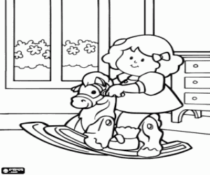 Girl playing at home with her rocking horse coloring page