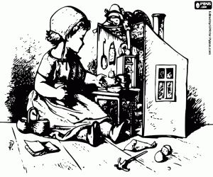 Girl playing with a doll and a doll house with furniture coloring page