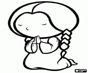 Girl praying on her knees with her hands in prayer coloring page