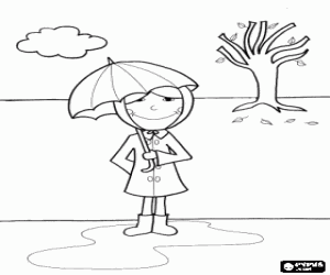 Girl with rubber boots, raincoat and umbrella in an autumnal landscape with a deciduous tree coloring page