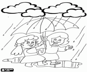 Girls walking in the rain with their umbrella coloring page