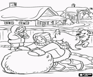 Girls with a dog playing in the snow making a big ball in midwinter coloring page