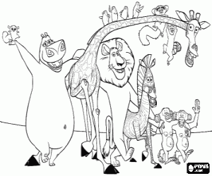 Gloria the Hippo, Melman the giraffe, Alex the lion, Marty the zebra with other protagonists of the adventures coloring page