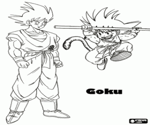 Goku child jumping and Goku adult, a human with monkey tail coloring page
