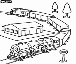 Goods train or frieght train arriving at the station coloring page