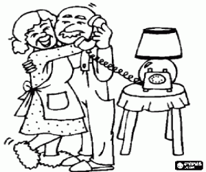 Grandfather and grandmother hugging and happy to receive news of her grandchildren on the phone coloring page