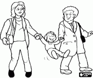 Grandmother, mother and grandson walking, holding hands while the child jumps coloring page